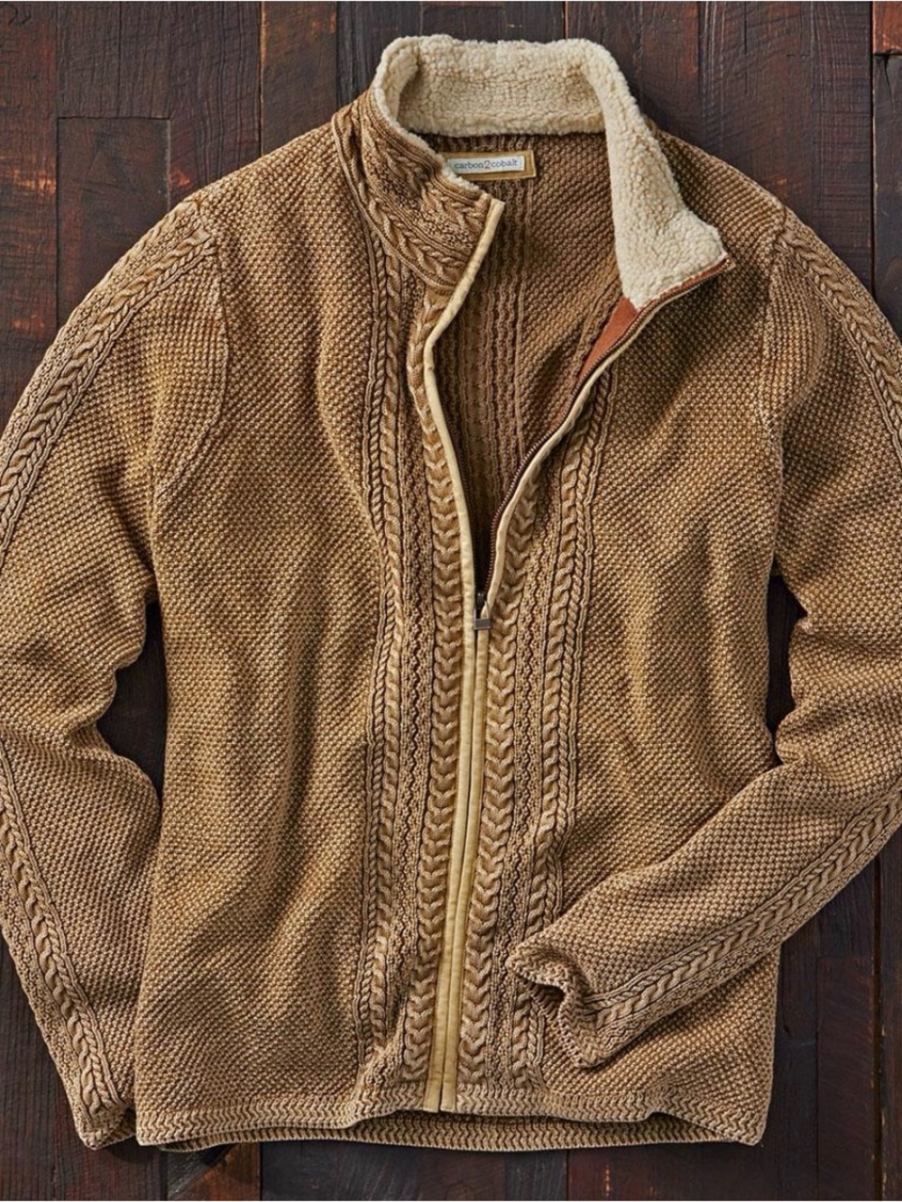 Men's Sherpa-Lined Cable Knit Zip Sweater Jacket - Brown